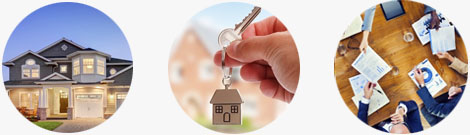 A new home, a hand holding house keys, and a team reviewing loan paperwork