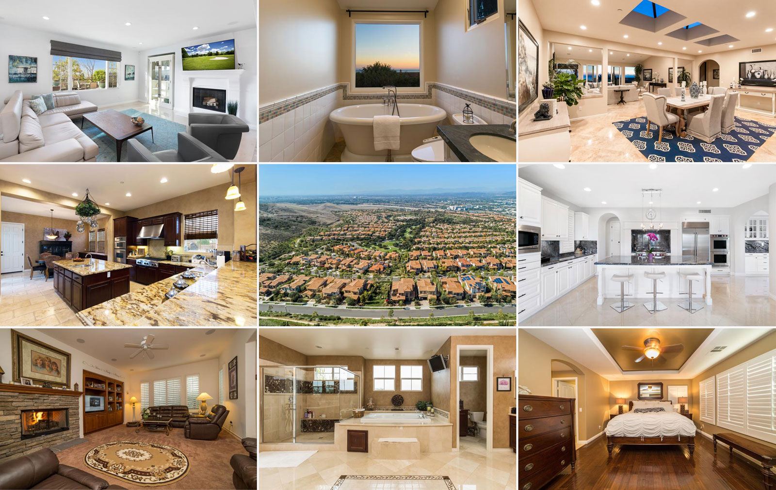 Collage of home interiors and an aerial view of an Orange County neighborhood